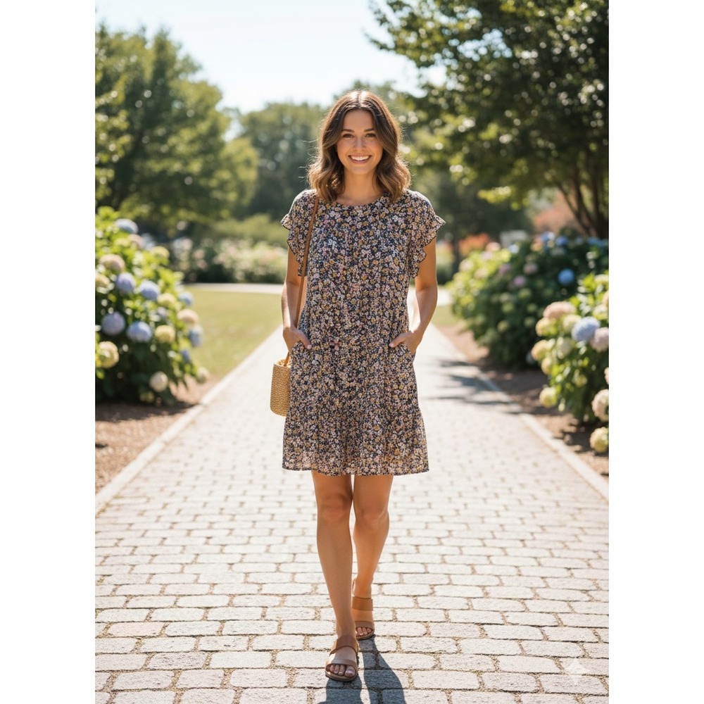 Umgee Women's S Navy Blue Multi Floral Dress  Pocket Babydoll Mini Boho Tiered